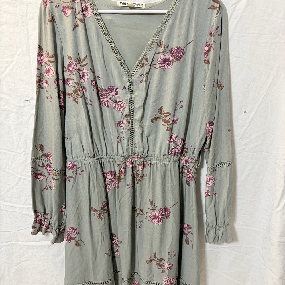 Wallflower Long Sleeve Dress - Green with Pink Floral